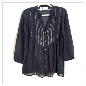 Chicos Blouse‎ 00 XS Crochet Button Sequin  Black Lightweight Pleated Glam Edgy